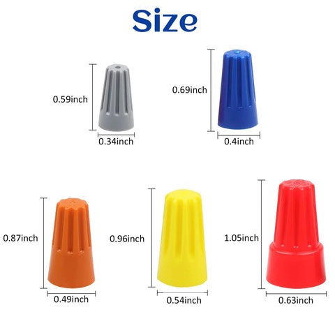 Five color-coded insulating wire connector caps with springs (gray, blue, orange, yellow, red); assorted sizes shown