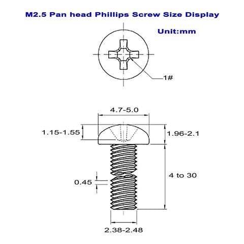 Technical diagram of M2.5 Phillips Pan Head Machine Screws size display with dimensions, part of 420Pcs set for DIY projects in 304 stainless steel