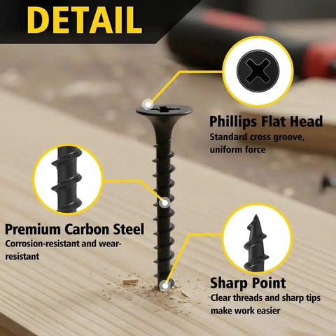 Close-up of screw from 300 Piece Drywall And Wood Screws Assortment Kit With Flat Head Coarse Thread Phillips Drive Black Finish DIY Friendly Eight Sizes From Two Inch To One Half Inch, showing Phillips flat head, carbon steel material, and sharp point.