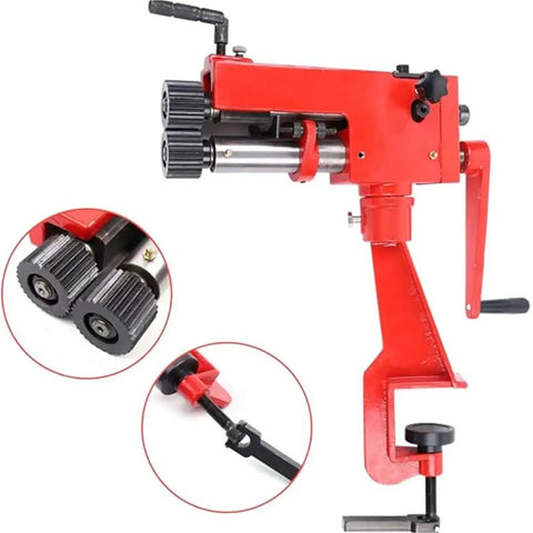 7 Inch Manual Bead Roller For Metal Bending, 22 Gauge Capacity, 6 Die Sets; side view with focus on handle and gearings.