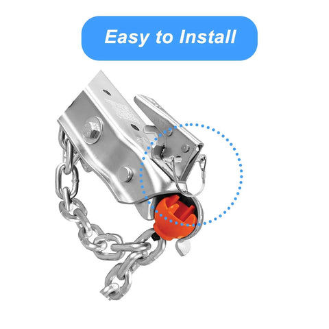 Installed view of 2Pack Premium Trailer Hitch Pin Set 1/4 X 3.2 Inch Built Tough Durable Carbon Steel Zinc Plated with chain.
