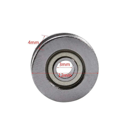 Close-up of V Groove Bearings Pack Of 20 V623ZZ Guide Pulleys 3x12x4mm, showing measurements of 3mm and 12mm diameters
