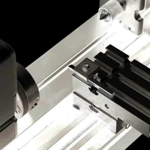 Close-up of all metal mini lathe for hobbyists with 20000 RPM and 36W power, showcasing detailed parts view.