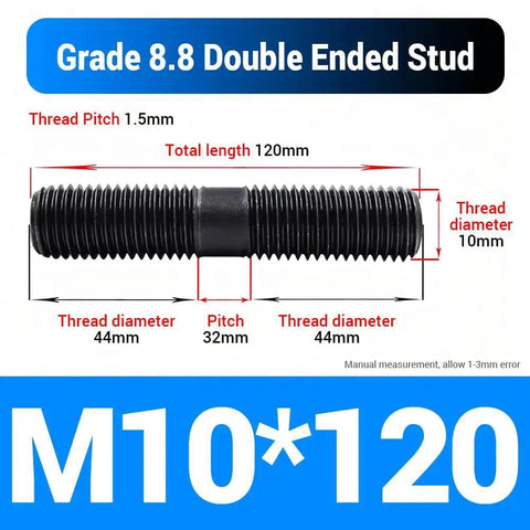 Diagram of M10x120mm Double End Threaded Stud 10 Pack, Grade 8.8 Carbon Steel Black Oxide showing dimensions and pitch.