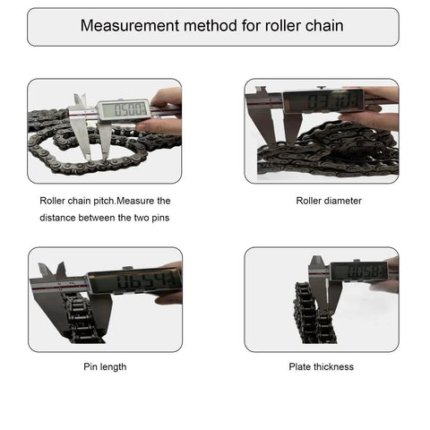 Calipers measuring roller chain pitch, diameter, pin length, plate thickness; guidance for 40 Tooth Roller Chain Sprocket with 1in Bore