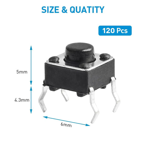 120 Piece Set Of 6x6x5mm Momentary Tact Switches For PCB 4 Pin DIP Black Push Button Micro Switch showing size and pin dimensions.