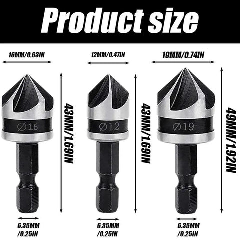 Three Piece Countersink Chamfer Drill Bit Set For Woodworking With One Quarter Inch Hex Shank, Includes 12 Mm 16 Mm And 19 Mm Bits