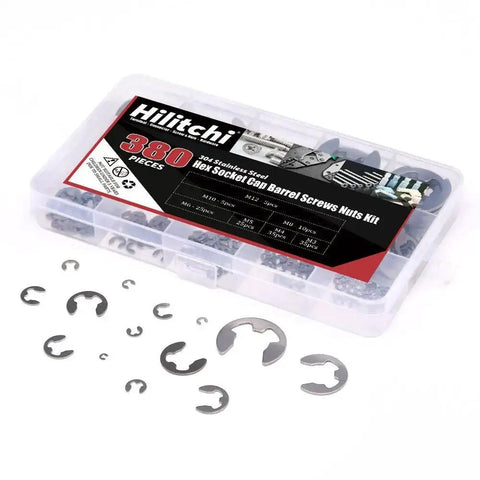 380 Piece E Clip Circlip External Retaining Ring Set In 14 Sizes 304 Stainless Steel Pro Grade Rust Resistant External Retaining Ring Kit For Machinery Automotive DIY Projects shown in clear box with sample clips displayed.