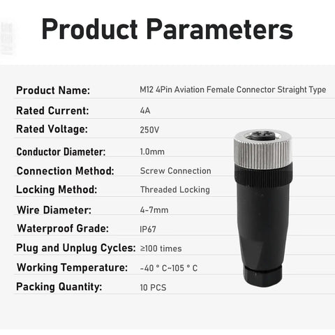 Product parameters for Ten Pack M12 4 Pin A Code Female Industrial Aviation Connector Waterproof IP67.