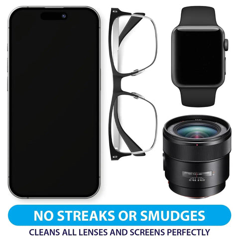 Pre-Moistened Lens Wipes For Eyeglasses And Screens Individually Wrapped with phone, glasses, watch, camera lens.
