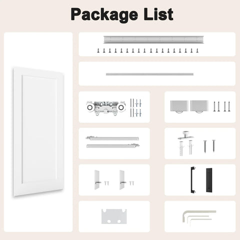 Package list for Concealed Sliding Barn Door 36 By 84 Inches Shaker Style Flat One Panel White Primed Solid Core with hardware
