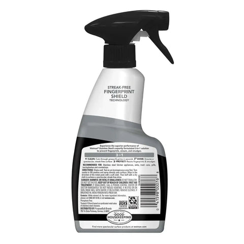 Back view of Stainless Steel Cleaner And Polish Kit spray bottle showing label details, 2-Pack with Anti Fingerprint Spray and Microfiber Cloths.