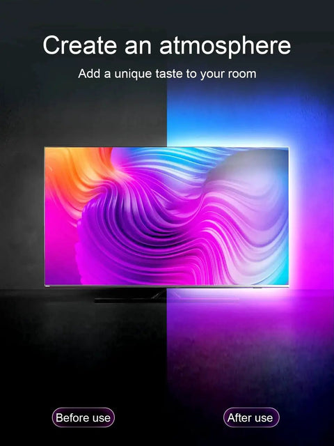 16.4ft RGB TV Backlight Strip USB Powered Bluetooth App Control And Remote creating ambient lighting on television screen