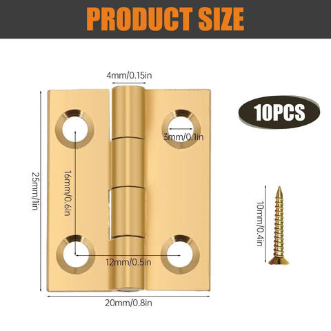 Product size of Ten Pack Mini Solid Brass Hinge For Jewelry Box Cabinet Drawer Butt Hinge One Inch with screws included, gold finish.