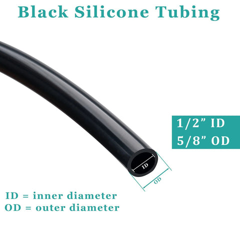 Silicone tubing, 1/2 in ID and 5/8 in OD, black, 5 ft long.