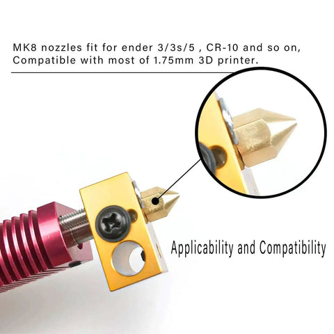 Close-up of brass MK8 3D printer nozzle compatible with CR-10 Ender 3, focus on 0.4mm, showing threading and attachment point.