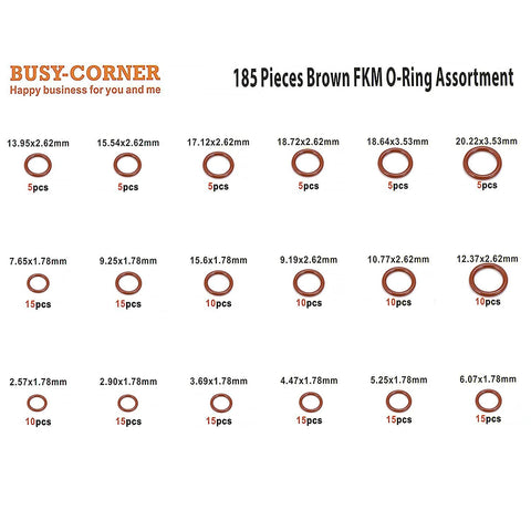 Busy-Corner 185-piece brown FKM O-ring assortment, AS-568 sizes, IDs 2.57–20.22 mm, thickness 1.78 mm