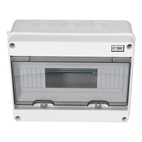 Front view of IP65 Waterproof Distribution Box with Transparent ABS Cover, rugged electrical enclosure for industrial use.