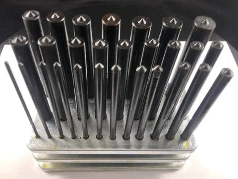 28 Piece Transfer Punch Set From Three Thirty Second To One Half Inch By One Sixty Fourth Inch Plus Seventeen Thirty Second Inch Heat Treated Tool Steel for precise marking.