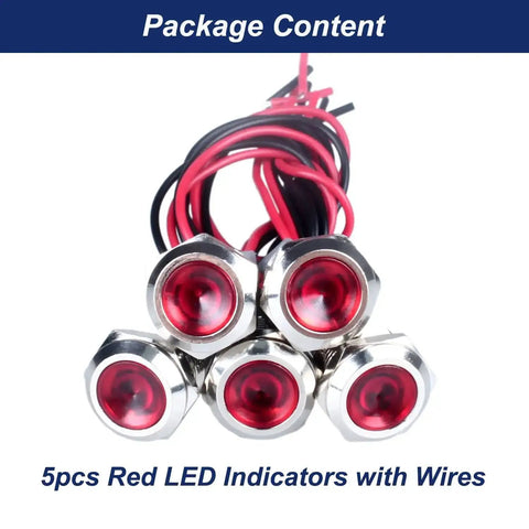 Five Pack 12mm LED Indicator Light 110 To 220 VAC Metal Shell Waterproof IP67 with red wires and metal casing on white background