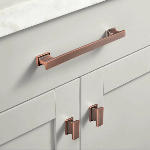 5 Inch 128mm Brushed Antique Copper Cabinet Pulls Handles Set 10 Pack Made From Solid Zinc Long Lasting Drawer Knobs on grey cabinet