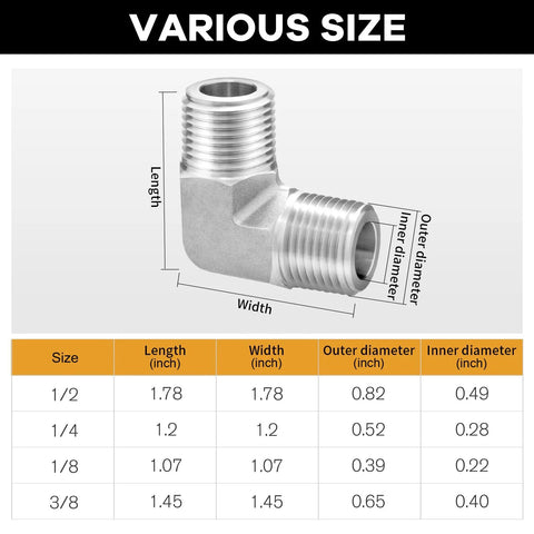 304 stainless steel 90-degree street elbow, 1/4 in NPT male to 1/4 in NPT male, pipe fitting