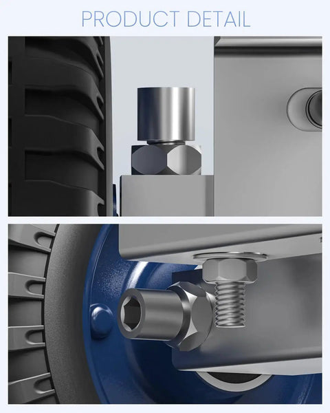 Close-up of heavy-duty rolling gate wheel with double U-bolts for metal tube gates, 6 inch, 550 lb capacity.