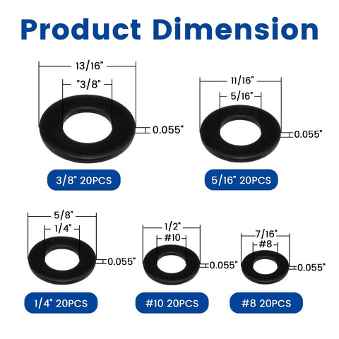 Flat washers assortment kit, black 304 stainless, 5 sizes 3/8 5/16 1/4 #10 #8, 20 pcs each, 0.055 in thick