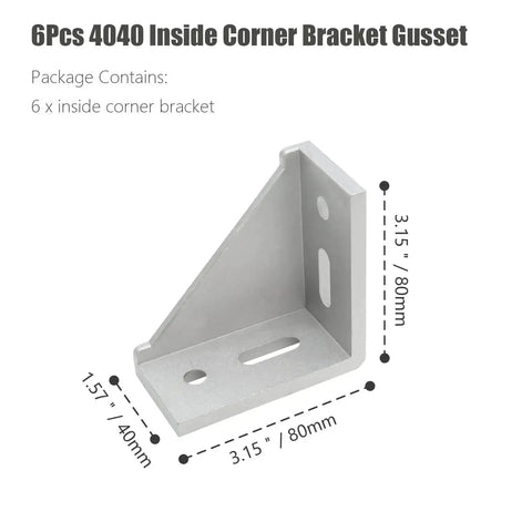 Six Pack 4040 Inside Corner Brackets Gusset for Aluminum Extrusion Silver L Shaped Connectors 80x80x40mm 8mm Slot
