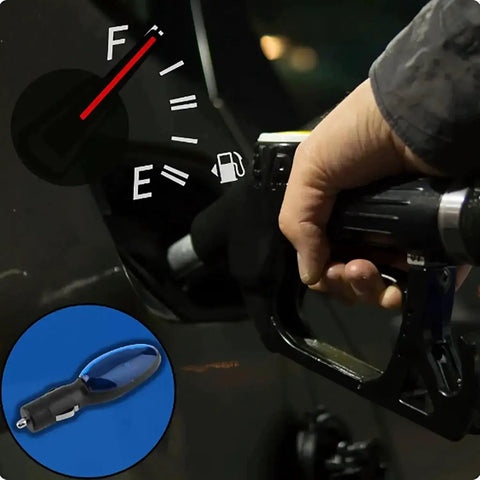 Hand pumping gas with gauge overlay and Plug And Play Gas Saver For Cars And Trucks Portable Fuel Economy Device 2 Pack inset.