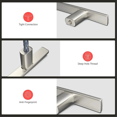 Close-up of 20 Pack Solid Zinc Alloy Cabinet Handles in Brushed Nickel showing tight connection, deep hole thread, anti-fingerprint.