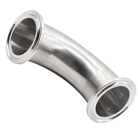 Stainless steel sanitary ferrule elbow, angled view, 2-pack, 1.5-inch tube OD, 90-degree tri-clamp ends.