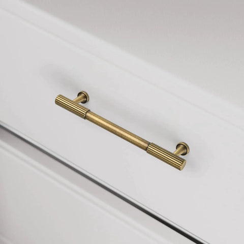 Five Pack Antique Solid Brass Cabinet Handles 5 Inch Center To Center Dresser Drawer Pulls Brushed Bronze Finish installed on dresser