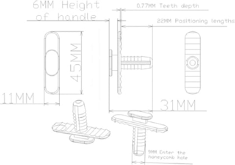 Technical drawing of 16 Pcs Honeycomb Board Fixing Pins For Laser Cutting And Engraving Machines, Snap Nails To Secure Warped Boards.