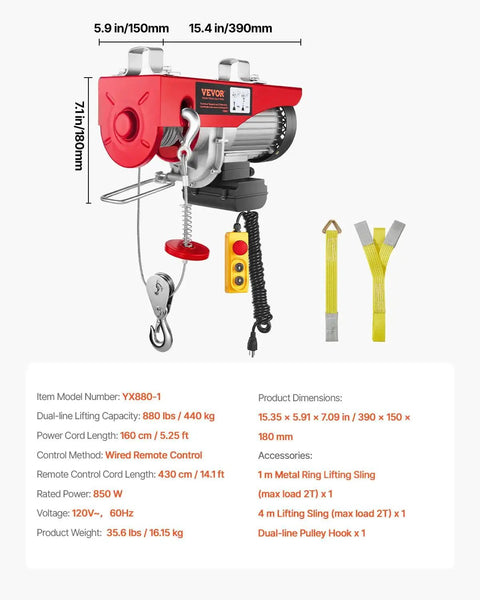 Electric Hoist 880 Lb Capacity With 14 Ft 110V Wired Remote And 20 To 40 Ft Lift displayed with dimensions and specifications