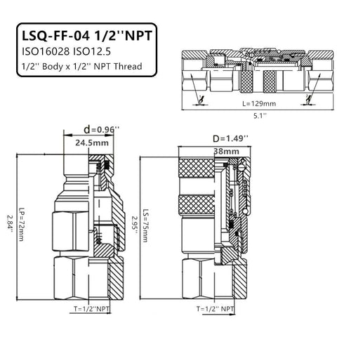 Hydraulic quick-connect coupling set, 1/2 in NPT, flat-face ISO12.5 with dust caps, technical drawings