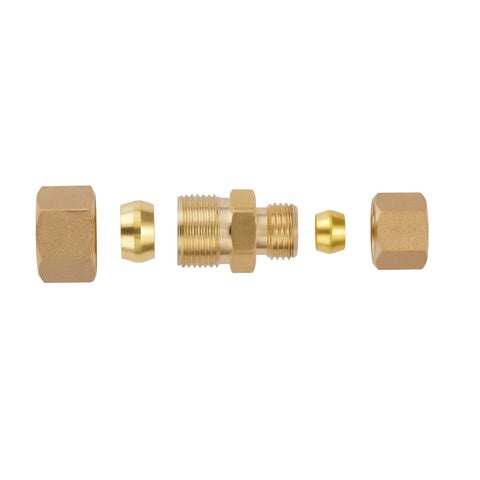 Brass tube compression union fittings set, 3/8 in to 1/4 in tube OD, disassembled with nuts and ferrules (3-pack)