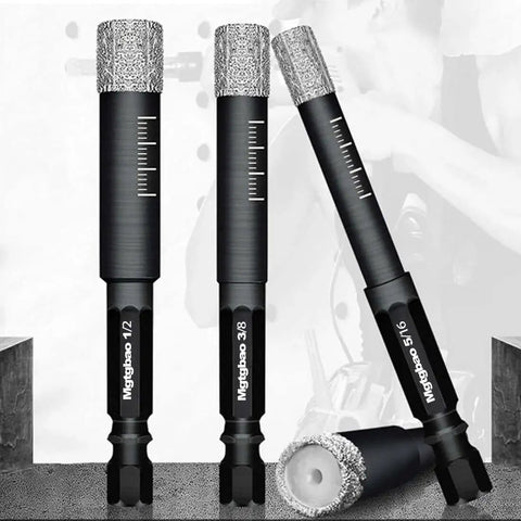 Front view of Six Piece Five Eighths Inch Dry Diamond Drill Bit Set With 16mm Hex Shank Brazed Wax Lubricated For Porcelain Tile Ceramic.