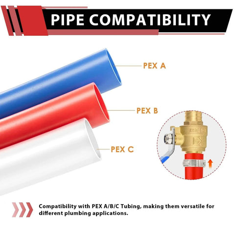Pack Of 10 Half Inch Pex Brass Full Port Shut Off Ball Valve For Hot And Cold Water With Red And Blue Handles UPC Certified ASTM F1807 NSF ANSI 61 DZR Brass Corrosion Resistant Compatible With Stainless Steel Clamp And Copper Crimp Ring shown with PEX A/B/C tubing, red, white, blue pipes