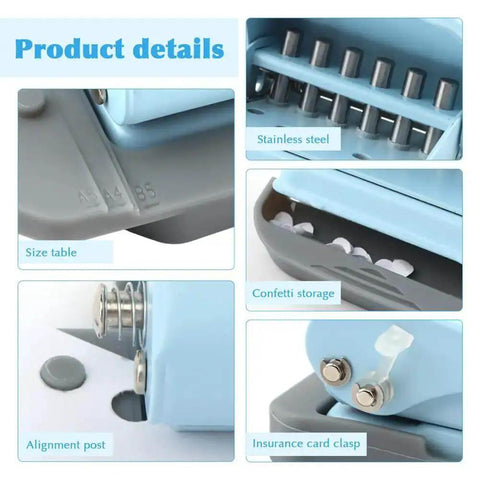 Detailed view of Six Hole Spiral Binding Punch with 8 sheet capacity, showcasing stainless steel holes, confetti storage, and insurance card clasp.