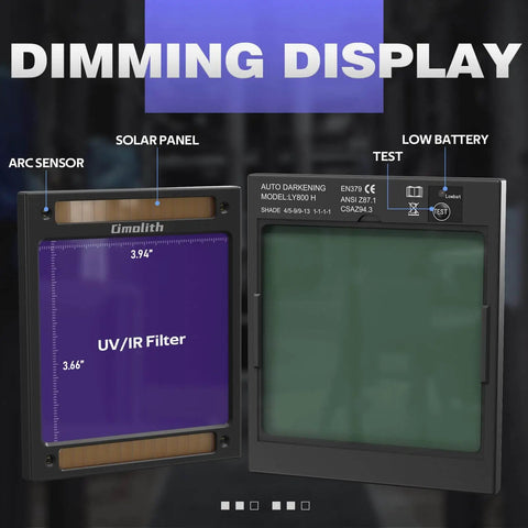 Dimming display of Pro Grade Auto Darkening Welding Helmet With Light Large 3.94 By 3.66 Inch View Four Arc Sensors True Color Optics 1 1 1 1 Wide Shade Range Four Five Nine Nine Thirteen Compatible With TIG MIG Stick Cut Cheater Lens Ready Durable Welder Mask showing UV/IR filter and sensors