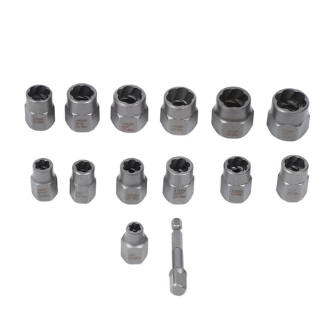14-Piece Screw And Nut Extractor Set Chrome Molybdenum Steel Heavy Duty Workhorse Easy Out Tools for damaged, rusted screws with 3/8 in driver
