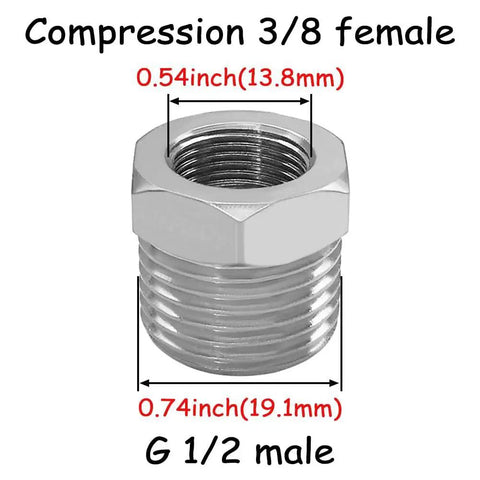 Close-up of Three Piece Water Line Adapter Set Half Inch Male To Three Eighths Inch Female Reducer Brass Nickel Plated Compression
