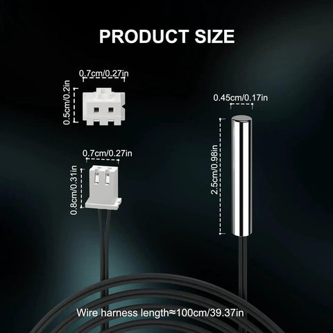 Diagram showing dimensions of 10K NTC Temperature Sensor Probes, 3 Pack, Waterproof Stainless Steel Thermistor Probes with 1 Meter Extension Cable