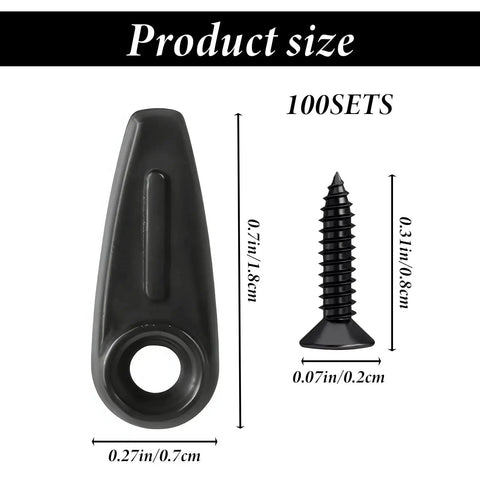 100 Pcs Metal Picture Frame Turn Button Fasteners With 100 Pcs Screws Black Backing Clips shown with size dimensions