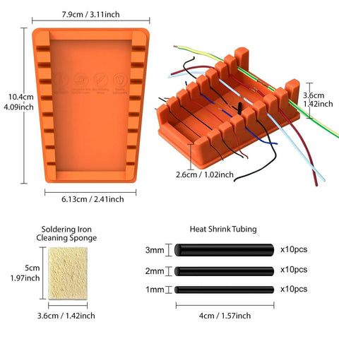 Silicone Soldering Wire Holder With 30 Piece Heat Shrink Tubing Kit, Helping Hands Soldering Stand, 8 Slot Iron Stand For 32 AWG To 12 AWG Wire Welding Fixture, Includes 2 Solder Sponges And Anti Slip Base diagram showing dimensions