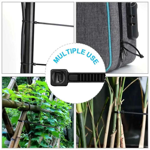 Heavy Duty 12 Inch Cable Zip Ties 100 Count Self Locking Nylon Ties With 50 Pounds Tensile Strength shown in various uses