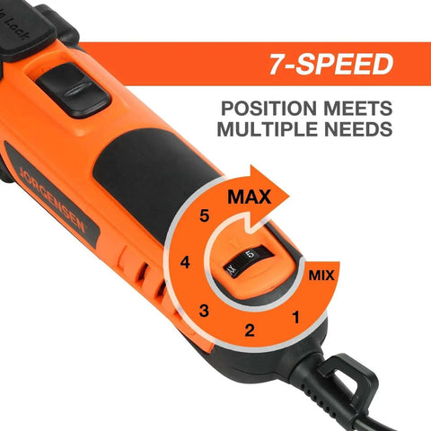 Close-up of the Powerful 4 Amp Heavy Duty Oscillating Tool With 5 Degree Oscillation Angle And 7 Variable Speed Settings handle.