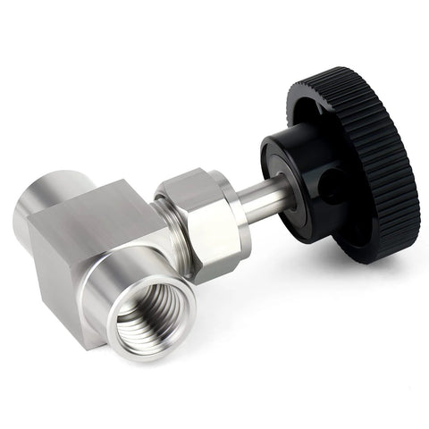 Stainless steel straight needle valve, 1/4-inch female NPT, with nipple and black knurled knob