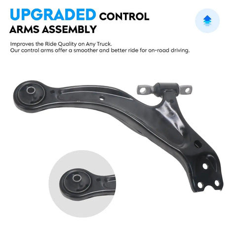 Front lower control arm, angled side view, black steel with bushings
